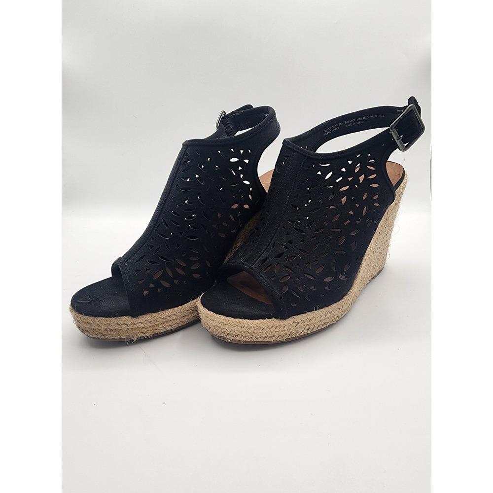 Madeline Girl Black Laser Cut Espadrille Wedge Sandals Size 7M